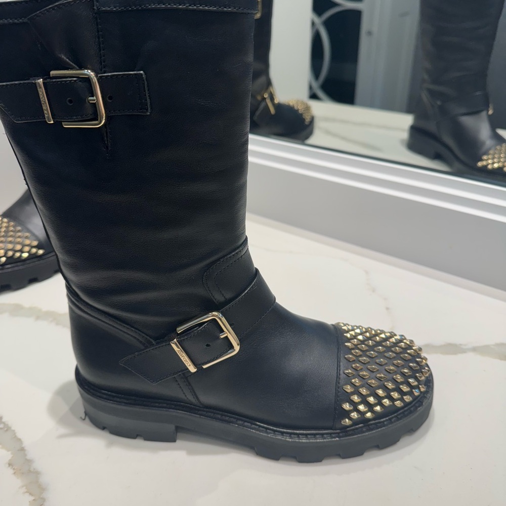 Jimmy Choo Black Combat Boots with Gold Studded Toe